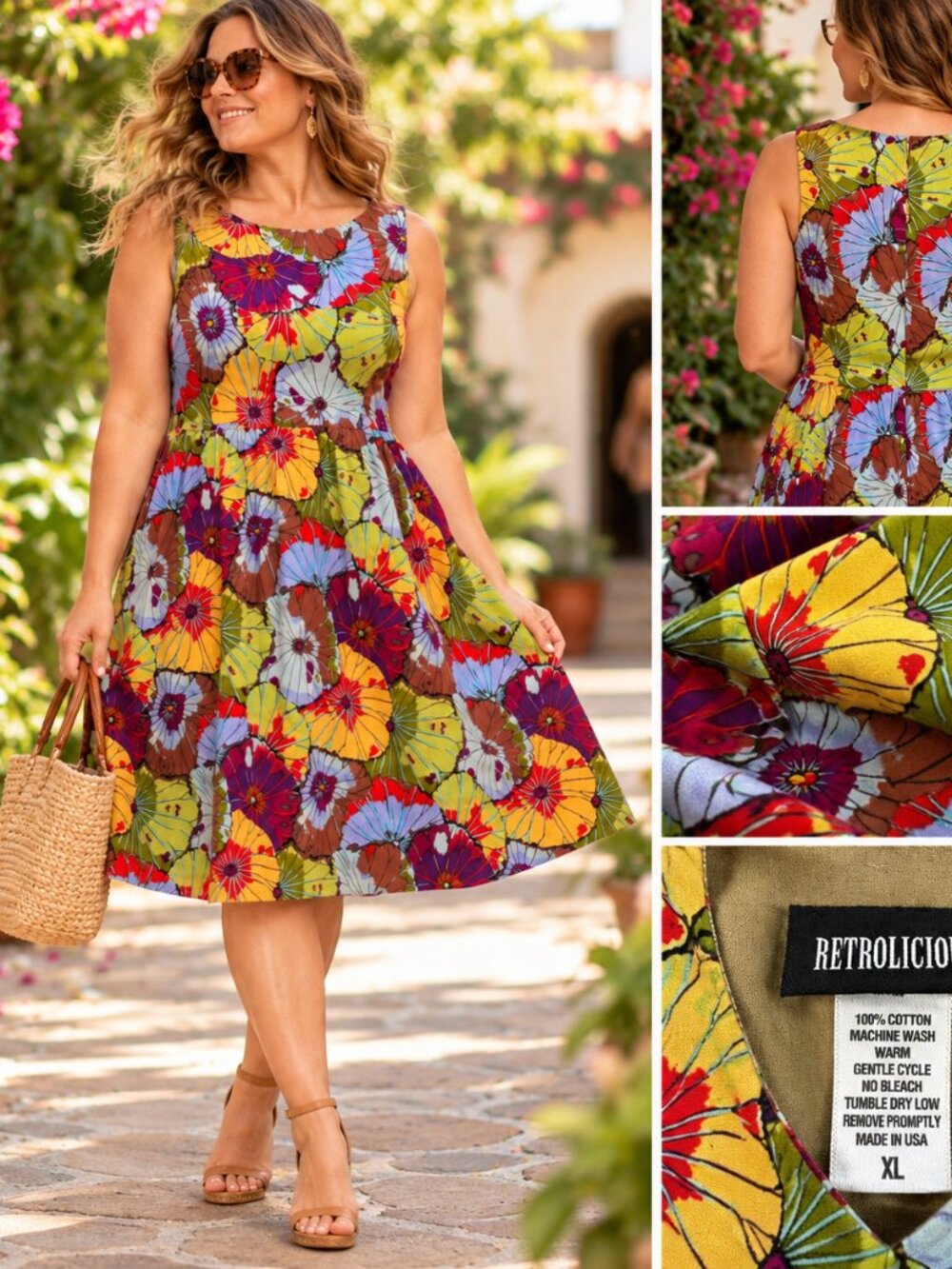 Retrolicious XL Colorful Floral Fit & Flare Dress Cotton Retro Mod Sleeveless